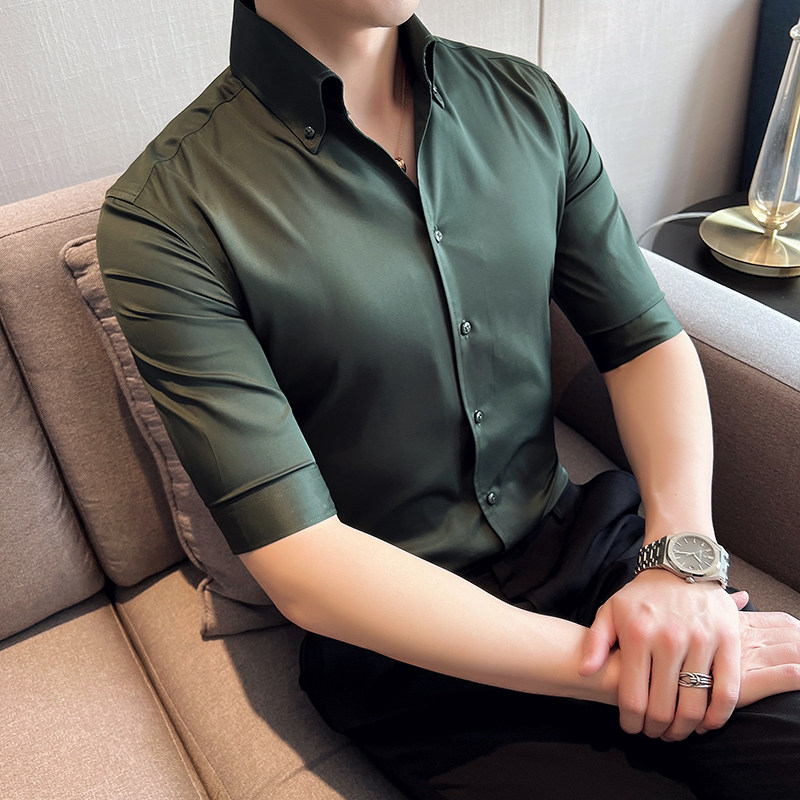 痞帅个性网红V领衬衫中袖青年帅气修身休闲立领痞雅衬衣男C02-P60，男装衬衫，电商C308