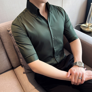 痞帅个性网红V领衬衫中袖青年帅气修身休闲立领痞雅衬衣男C02-P60，男装衬衫，电商C308