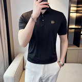 夏季冰丝高弹刺绣翻领无痕T恤男士光滑短袖POLO衫灰绿色PL1-P58，男装T恤，电商C308
