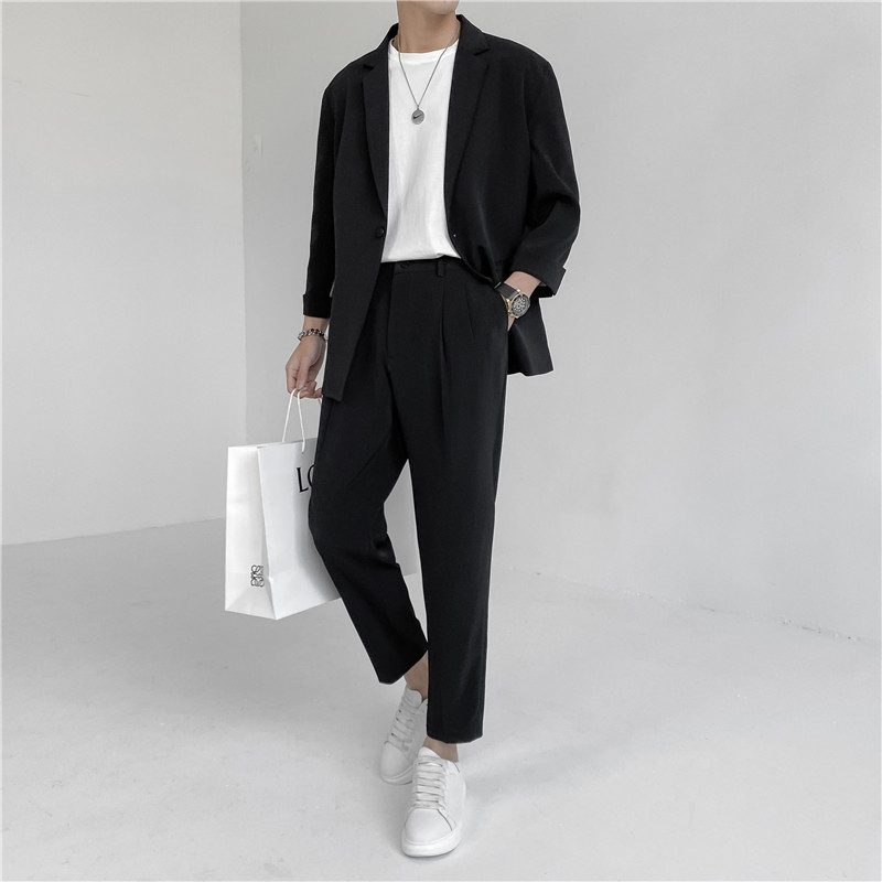 23夏款款轻熟风英伦纯色宽松中袖西服+阔版九分裤套装TZ15-P195，男装西服，电商C308
