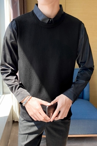 秋冬毛衣假两件衬衫领针织背心套头毛衣男潮咖啡色 MY4-P75图片