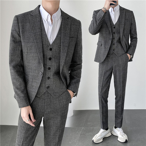轻熟风ins韩版修身男士休闲格子西服套装三件套装SJT956-特P260图片