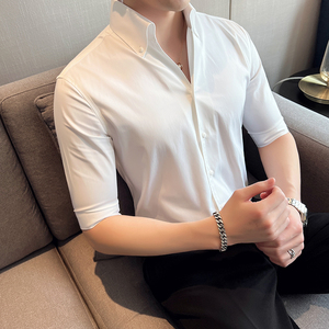 痞帅个性网红V领衬衫中袖青年帅气修身休闲立领痞雅衬衣男C02-P60图片