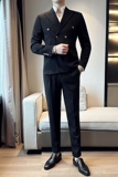 华夫格西装两件套男士套装休闲双排扣西服套装黑色LJT906-P225，男装西服套装，电商C308
