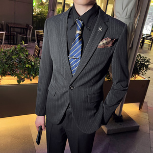 韩版修身男士一粒扣条纹西服二件套新郎伴郎套装深灰色LJT28-P220，男装西服，电商C308
