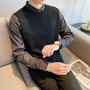 秋冬毛衣假两件衬衫领针织背心套头毛衣男潮 MY4-P75图片