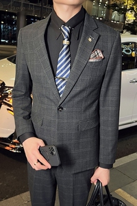 秋冬款 英伦韩版修身男士商务休闲格子西服外套咖啡色X30-P155图片