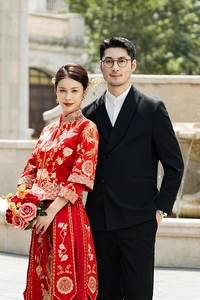 中式新郎西服婚礼伴郎礼服男士高级感青果领西装X939-P155图片
