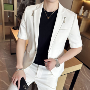 高质量纯色休闲男士中袖拉链西服英伦时尚九分西裤套装LJT38-P200图片