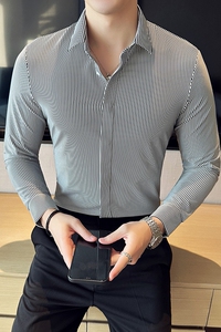 高级感弹力无痕压胶坠感丝滑条纹长袖衬衫修身衬衣蓝色C1201-P95图片
