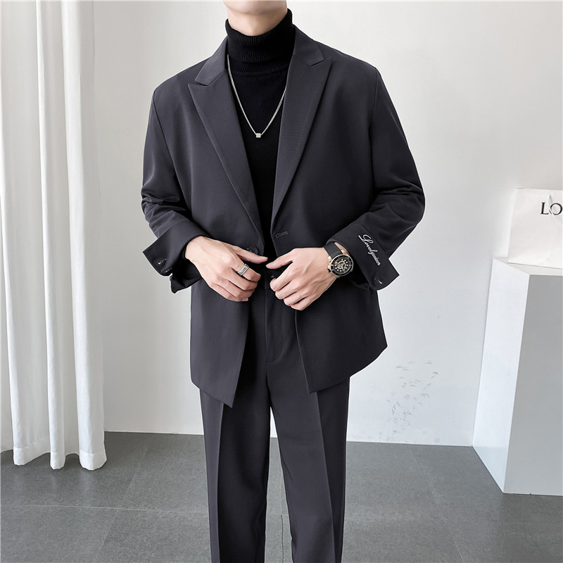 ins轻熟风英伦纯色西服阔版宽松休闲小西装单外套X27刺绣-P150,男装西服套装,电商C308