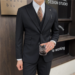 英伦修身男士二粒扣条纹西服三件套新郎伴郎礼服套装SJT918-P300图片