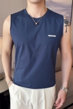 夏季男士潮流纯色圆领字母T恤英伦流行无袖男士体恤蓝色B7730-P43，男装T恤，电商C308