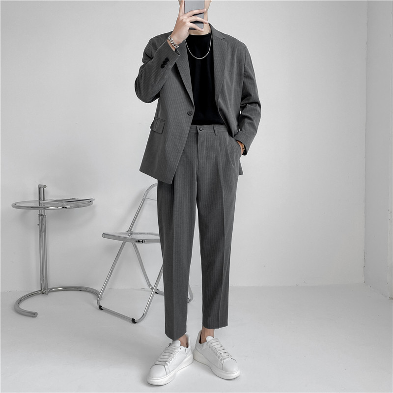 21春夏款轻熟风英伦条纹长袖西服+阔版九分裤套装TZ14-P215，男装西服，电商C308