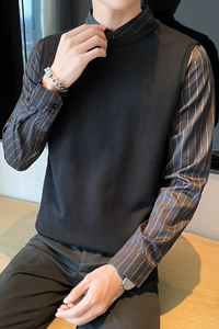秋冬毛衣假两件衬衫领针织背心套头毛衣男潮 MY4-P75图片