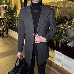 英伦韩版修身男士商务休闲中长款西服呢料外套深灰色X35-P170，男装西服，电商C308