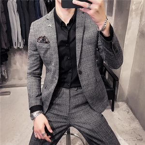 20秋冬款 韩版时尚休闲商务格子西服男士二件套装 LJT956-特P200图片