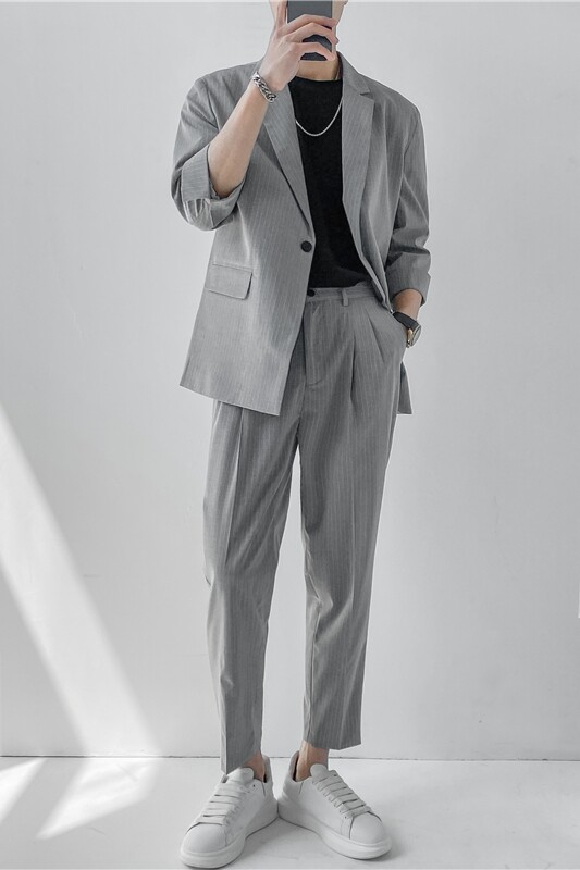 23春夏轻熟风微宽英伦条纹中袖西服+阔版九分裤套装TZ13-P195,男装西服,电商C308