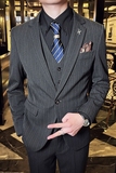 韩版修身男士一粒扣条纹西服三件套新郎伴郎套装深灰色SJT28-P280，男装西服，电商C308