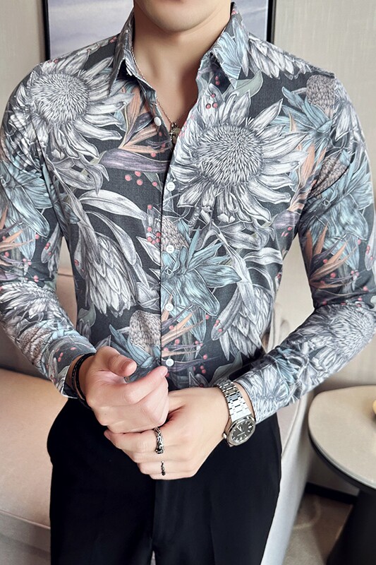 高级感修身花衬衫时尚衬衣男长袖衬衫质感潮流衬衫白色C2020-P63,男装衬衫,电商C308