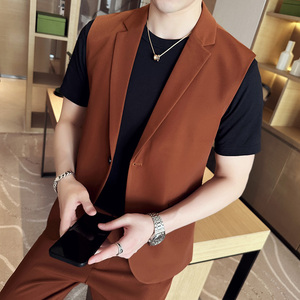 春夏款韩版纯色休闲男士无袖西服英伦时尚九分西裤套装LJT40-P185图片