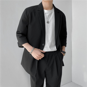 23夏款 轻熟风微宽英伦条纹中袖西服+阔版九分裤套装 TZ13-P195图片