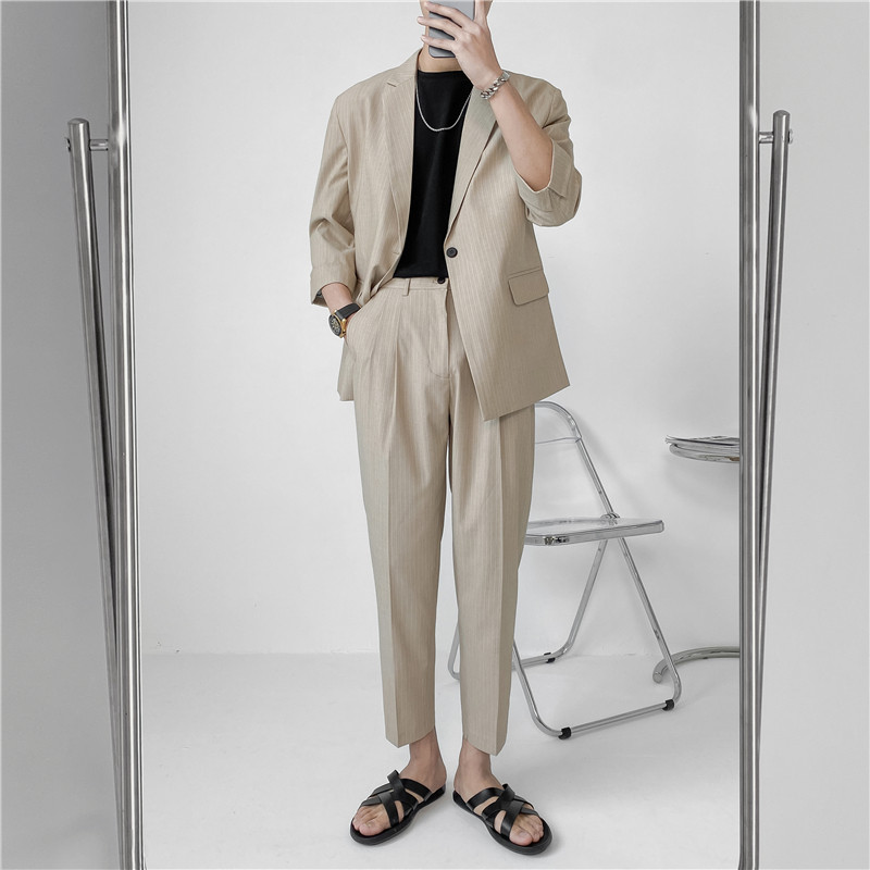 23轻熟风微宽英伦条纹中袖西服+阔版九分裤套装TZ13-P195，男装西服，电商C308