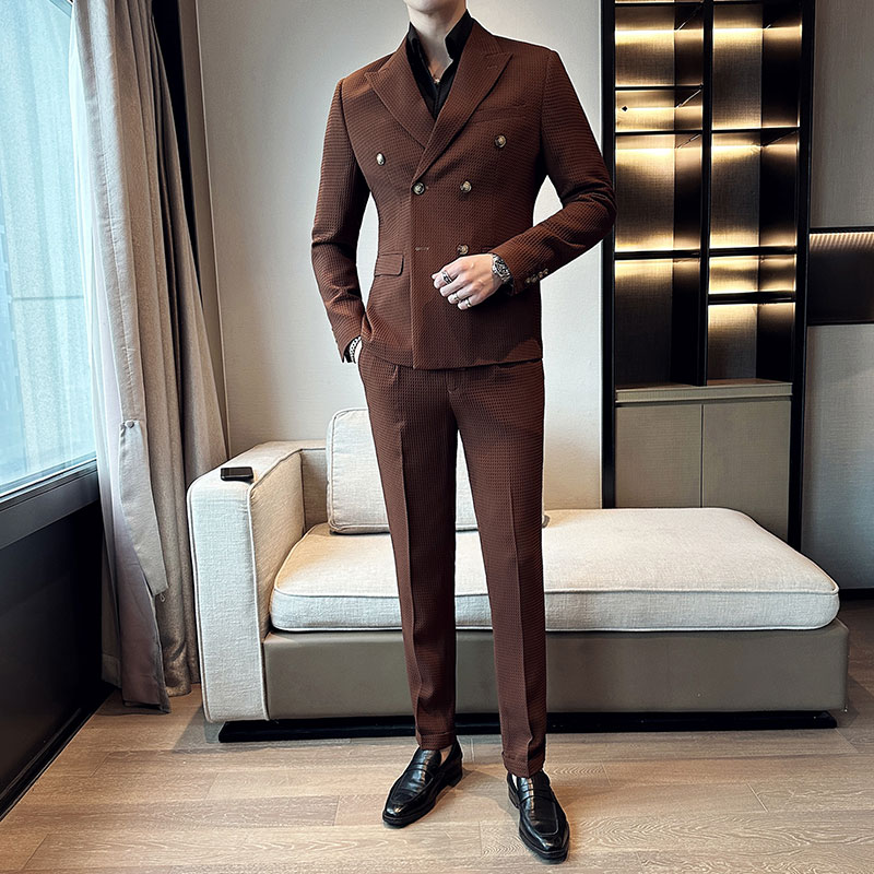 华夫格西装两件套男士套装 双排扣休闲西服套装咖啡色LJT906-P225图片