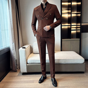 华夫格西装两件套男士套装 双排扣休闲西服套装咖啡色LJT906-P225图片