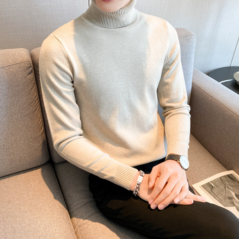 秋冬韩版高领修身打底衫翻领套头纯色针织衫毛衣潮男MY2-P45，男装T恤，电商C308