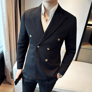 华夫格英伦韩版修身纯色双排扣花纽扣男士西服外套黑色X906-P150