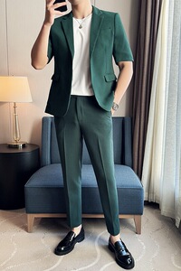 春夏款 纯色休闲男士时尚华夫格中袖西服九分西裤套装LJT931-P195图片