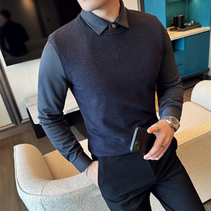 秋冬毛衣假两件衬衫领针织背心套头毛衣男潮黑色 MY8239-P95图片