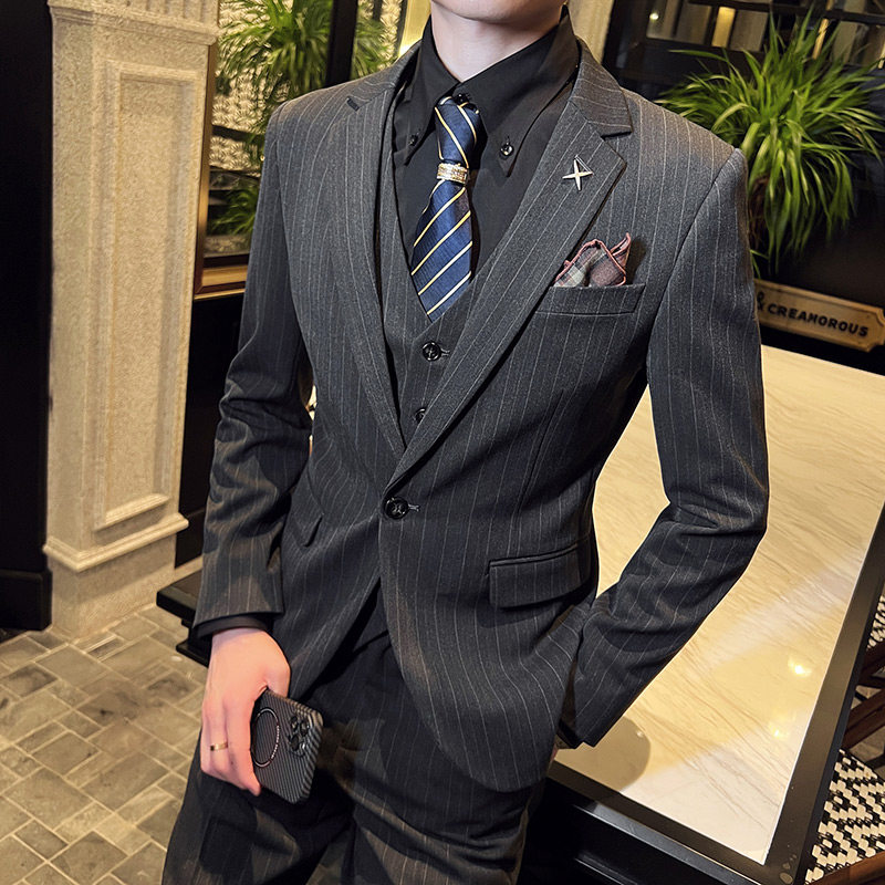 韩版修身男士一粒扣条纹西服三件套新郎伴郎套装深灰色SJT28-P280，男装西服，电商C308