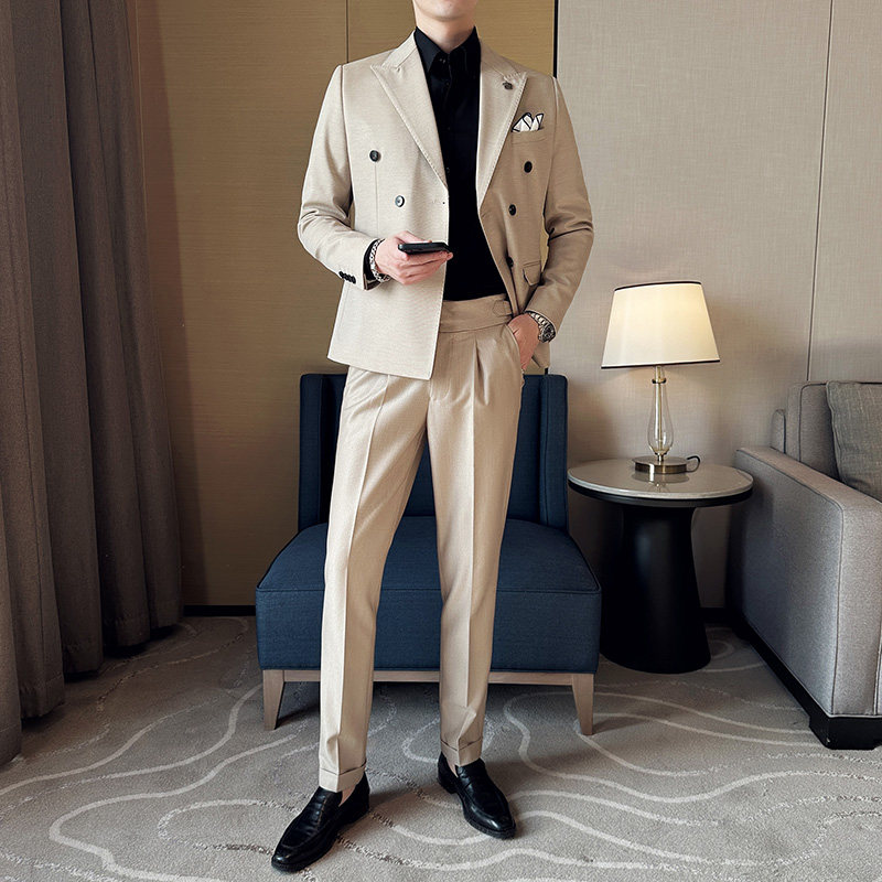 春季新款 英伦韩版修身纯色双排扣男士休闲西服套装  LJT891-P230图片