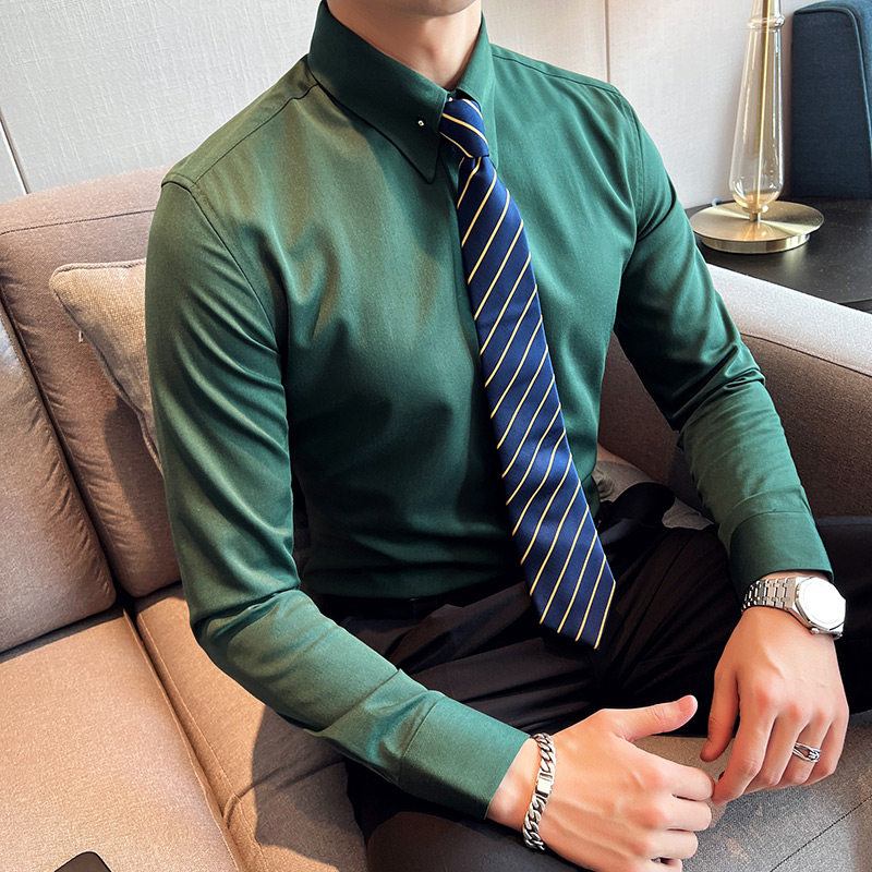 英伦大领衬衫男长袖薄款潮流帅气修身休闲立领纯色黑衬衣C51-P68,男装衬衫,电商C308