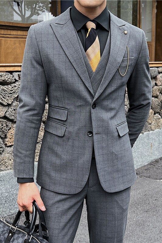 英伦修身男士二粒扣格子西服三件套新郎伴郎礼服套装SJT919-P300,男装西服,电商C308