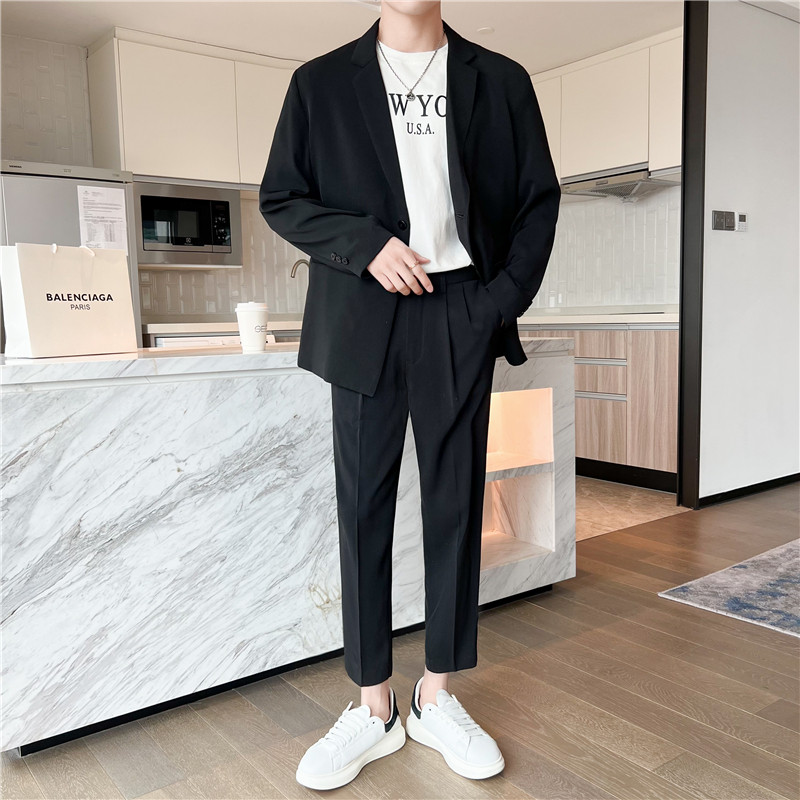 轻熟风英伦纯色宽松西服+阔版休闲九分裤套装黑色TZ16-P215，男装西服，电商C308