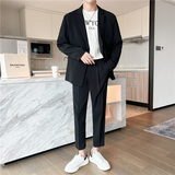 轻熟风英伦纯色宽松西服+阔版休闲九分裤套装黑色TZ16-P215，男装西服，电商C308