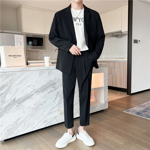 轻熟风英伦纯色宽松西服+阔版休闲九分裤套装 黑色TZ16-P215，男装西服，电商C308