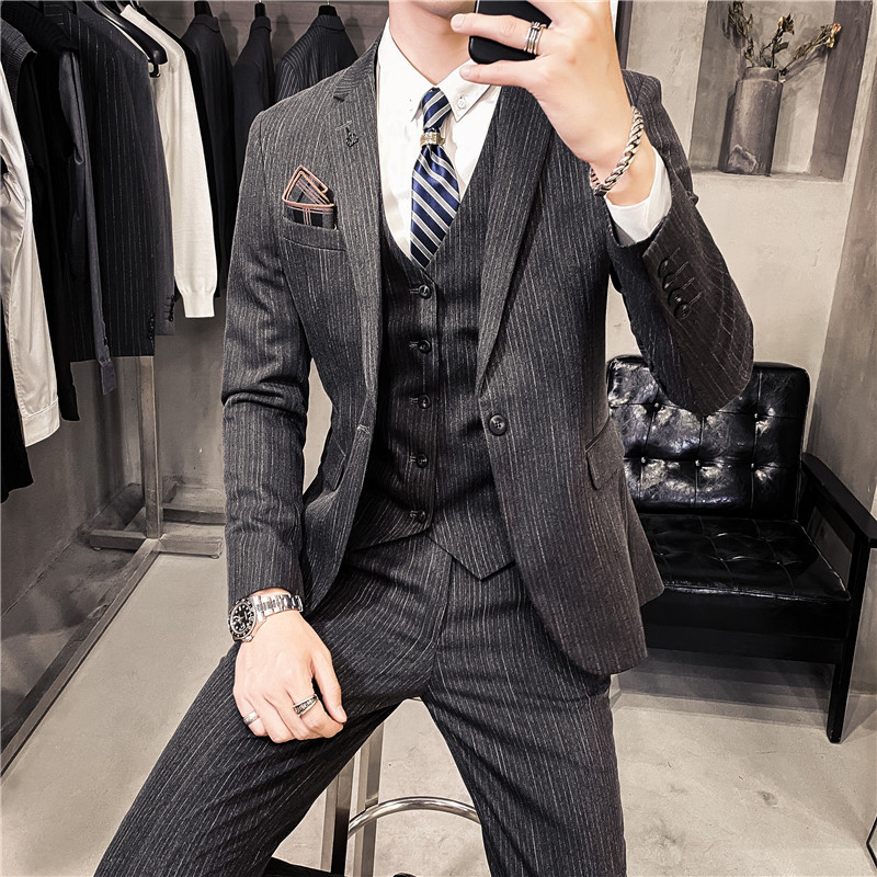 20秋冬款韩版时尚修身男士商务细条纹西服三件套装SJT10-P285，男装西服，电商C308