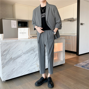 轻熟风微宽英伦条纹中袖西服  九分裤套装 卡其色TZ13-P195图片