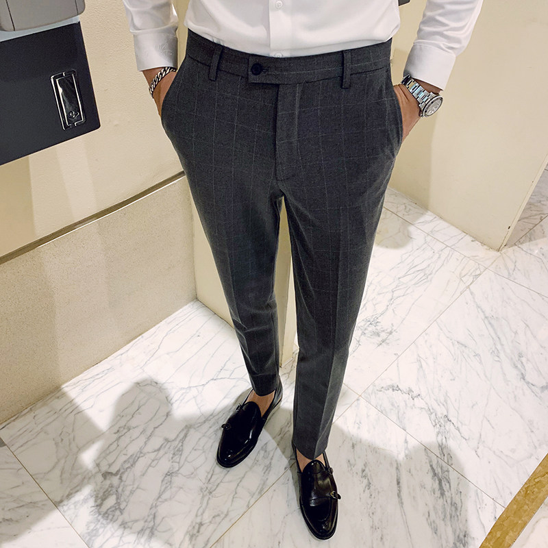 秋冬新款英伦韩版修身男士格子西裤休闲长裤K149-P75，男装西裤，电商C308