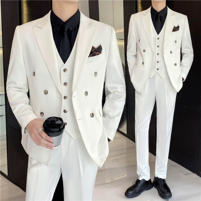 秋冬韩版修身纯色双排扣男士西服三件套装中灰色SJT830A-P280,男装西服,电商C308