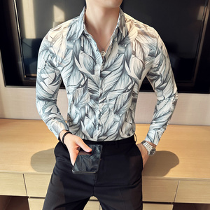 高级感修身花衬衫时尚衬衣男长袖衬衫质感潮流衬衫白色C2038-P63图片