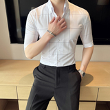 雅痞青年格子个性V领衬衫中袖帅气修身休闲立领痞帅衬衣男C04-P68，男装衬衫，电商C308