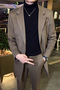 秋冬英伦韩版修身男士休闲中长款呢料西服套装灰色LJT34-P235图片