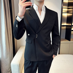 春季英伦修身男士西装韩版休闲斜扣西服外套白色X908-P150