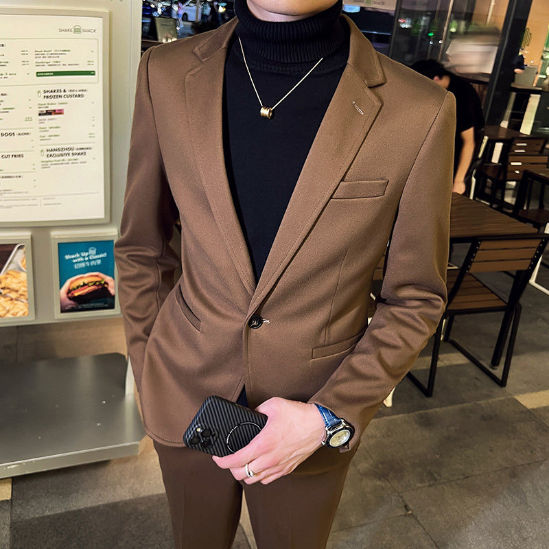 秋冬英伦韩版修身男士商务休闲一粒扣毛呢西服外套咖啡色X33-P155，男装西服，电商C308