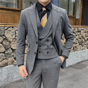 英伦修身男士二粒扣格子西服三件套新郎伴郎礼服套装SJT919-P300图片